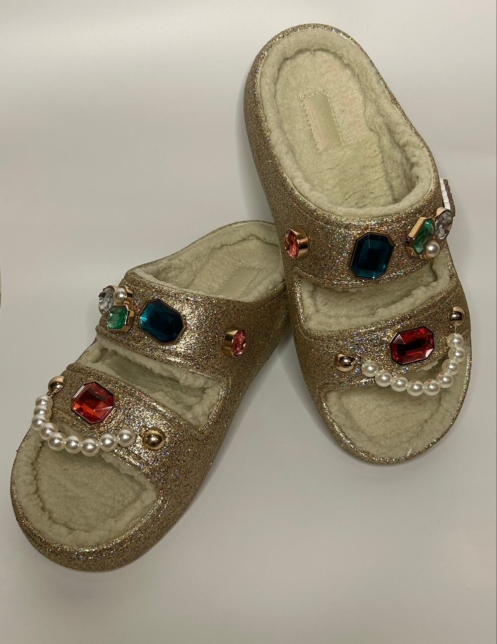 Crocs Classic Cozzzy Glitter Sandal 9 Custom Pearl Bling Jewel Slide Maximalist